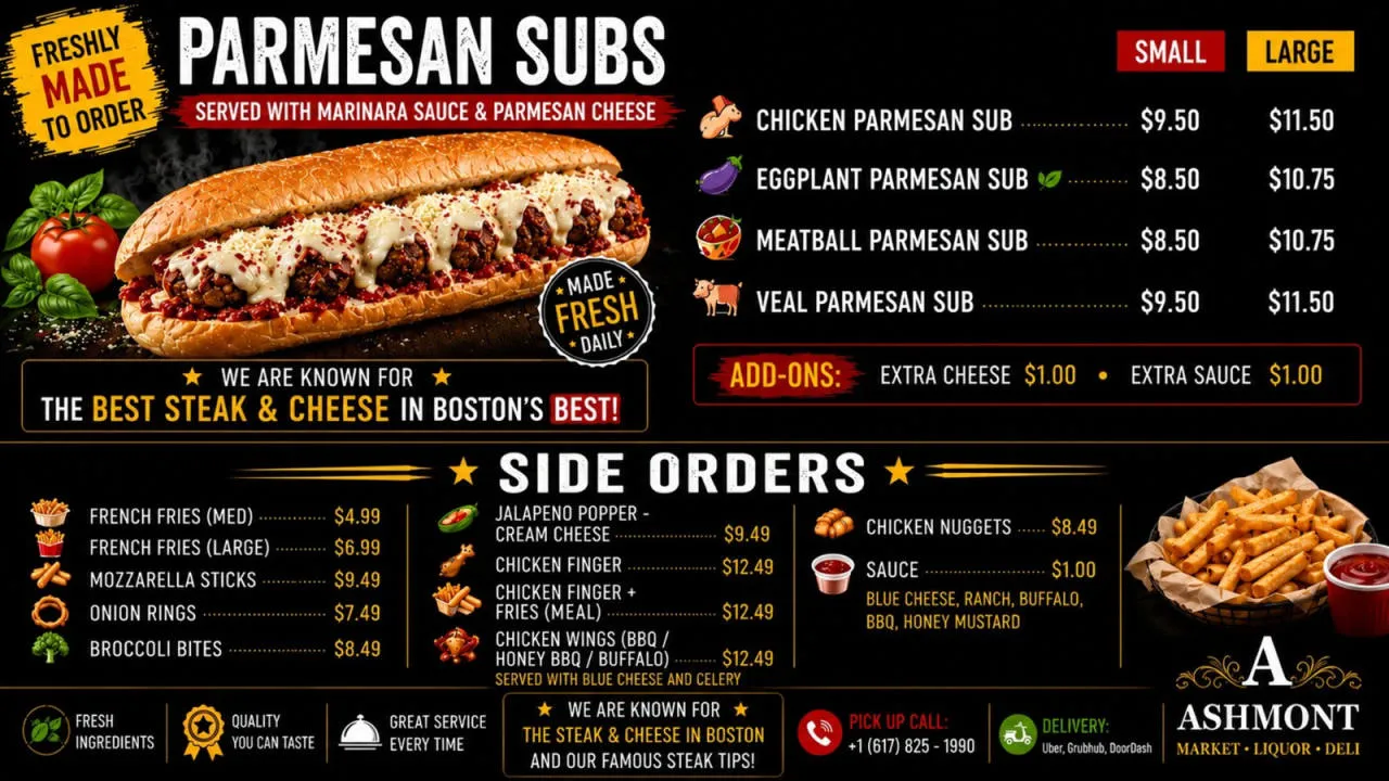 Parmesan subs and side orders menu board